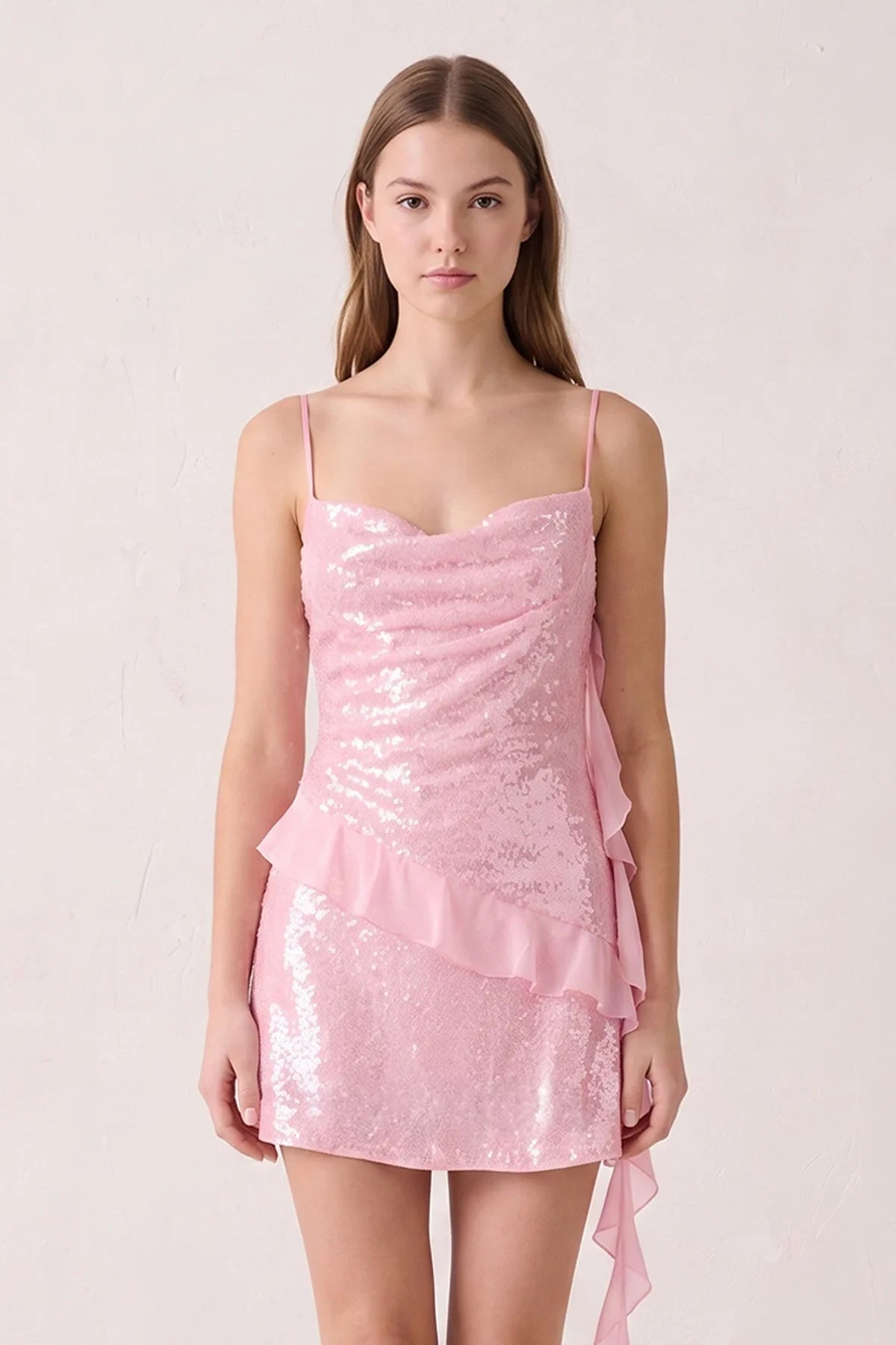 Dazzling Sheath Cowl Neck Sleeveless Sequin Ruffled Pink Mini Homecoming Dress