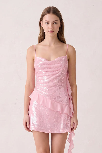Dazzling Sheath Cowl Neck Sleeveless Sequin Ruffled Pink Mini Homecoming Dress