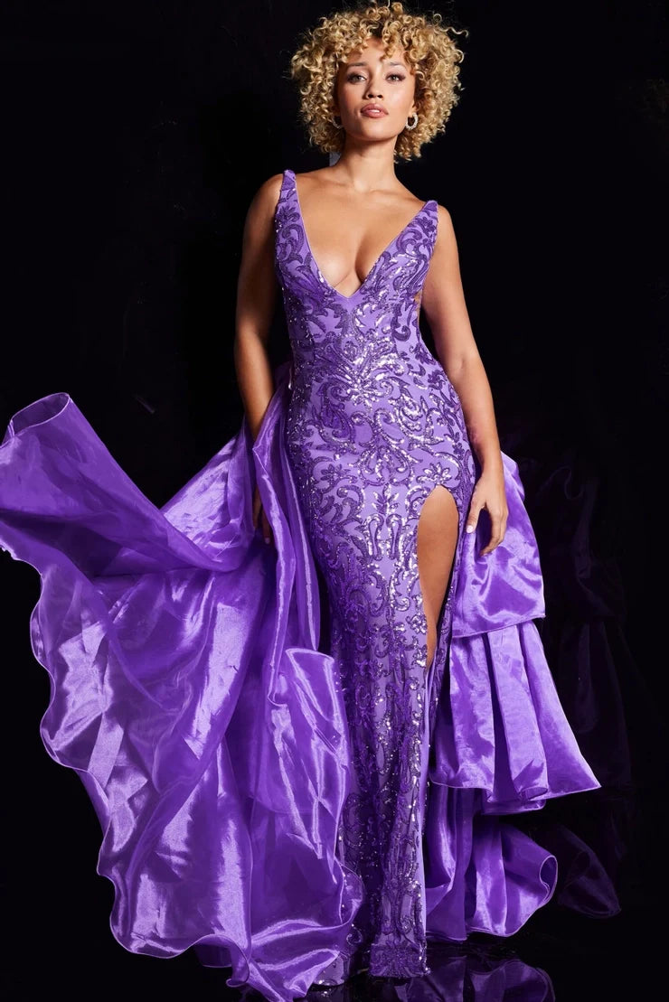 Dazzling Sheath Deep V-Neck Sleeveless Glamorous Vibrant Purple Floor-Length Evening Gown