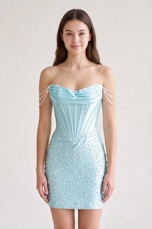 Dazzling Sheath Off-Shoulder Corset Beaded Aqua Mini Homecoming Dress