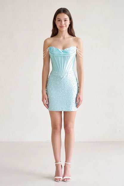 Dazzling Sheath Off-Shoulder Corset Beaded Aqua Mini Homecoming Dress