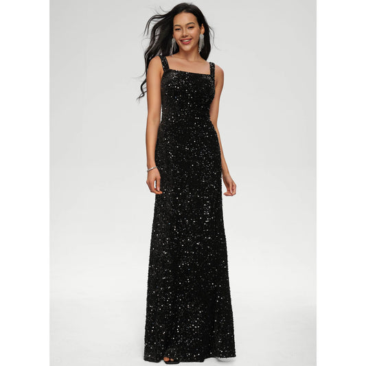 Dazzling Sheath Square Neck Sleeveless Sequin Black Floor-Length Prom Dresses Gown