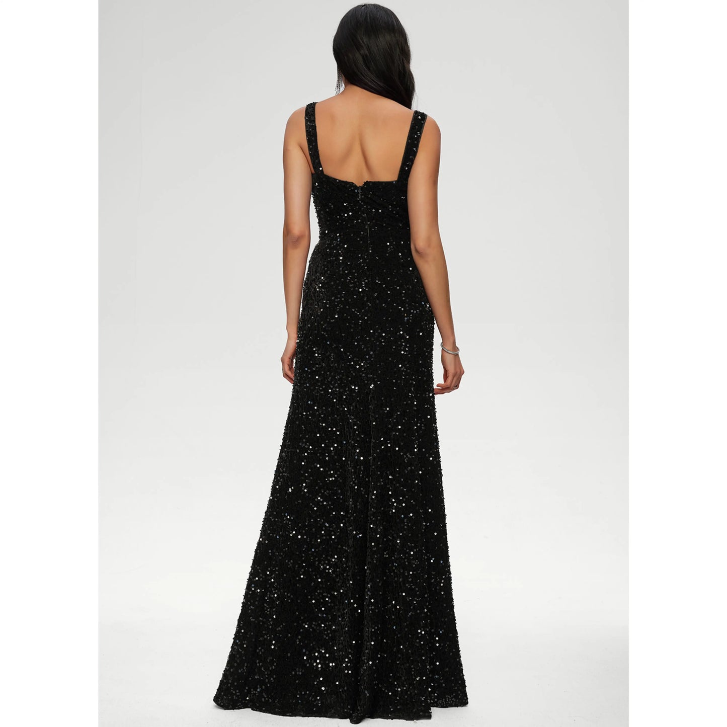 Dazzling Sheath Square Neck Sleeveless Sequin Black Floor-Length Prom Dresses Gown