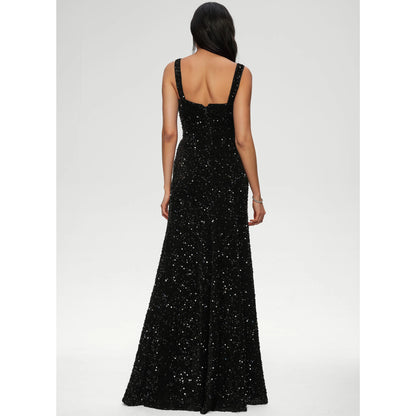 Dazzling Sheath Square Neck Sleeveless Sequin Black Floor-Length Prom Dresses Gown