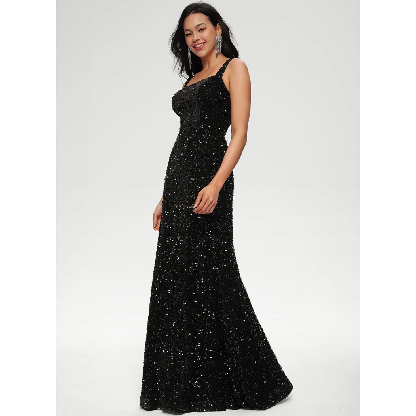 Dazzling Sheath Square Neck Sleeveless Sequin Black Floor-Length Prom Dresses Gown