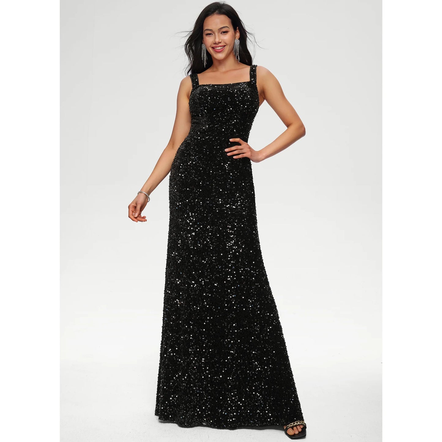 Dazzling Sheath Square Neck Sleeveless Sequin Black Floor-Length Prom Dresses Gown