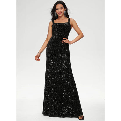 Dazzling Sheath Square Neck Sleeveless Sequin Black Floor-Length Prom Dresses Gown