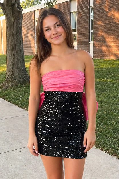 Dazzling Sheath Strapless Sequined Bow-Detail Fuchsia Black Mini Homecoming Dress