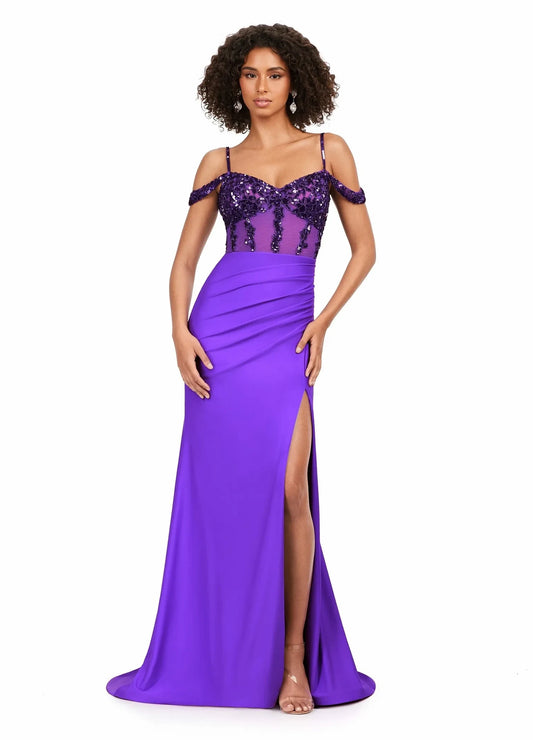 Dazzling Sheath Sweetheart Off-Shoulder Sequin Violet Floor-Length Evening Gown Women's