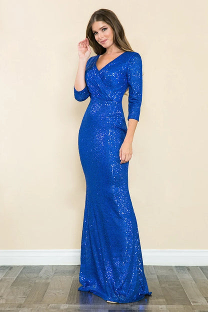 Dazzling Sheath V-Neck Three-Quarter Sleeve Royal Blue Floor-Length Mother of the Bride Gown