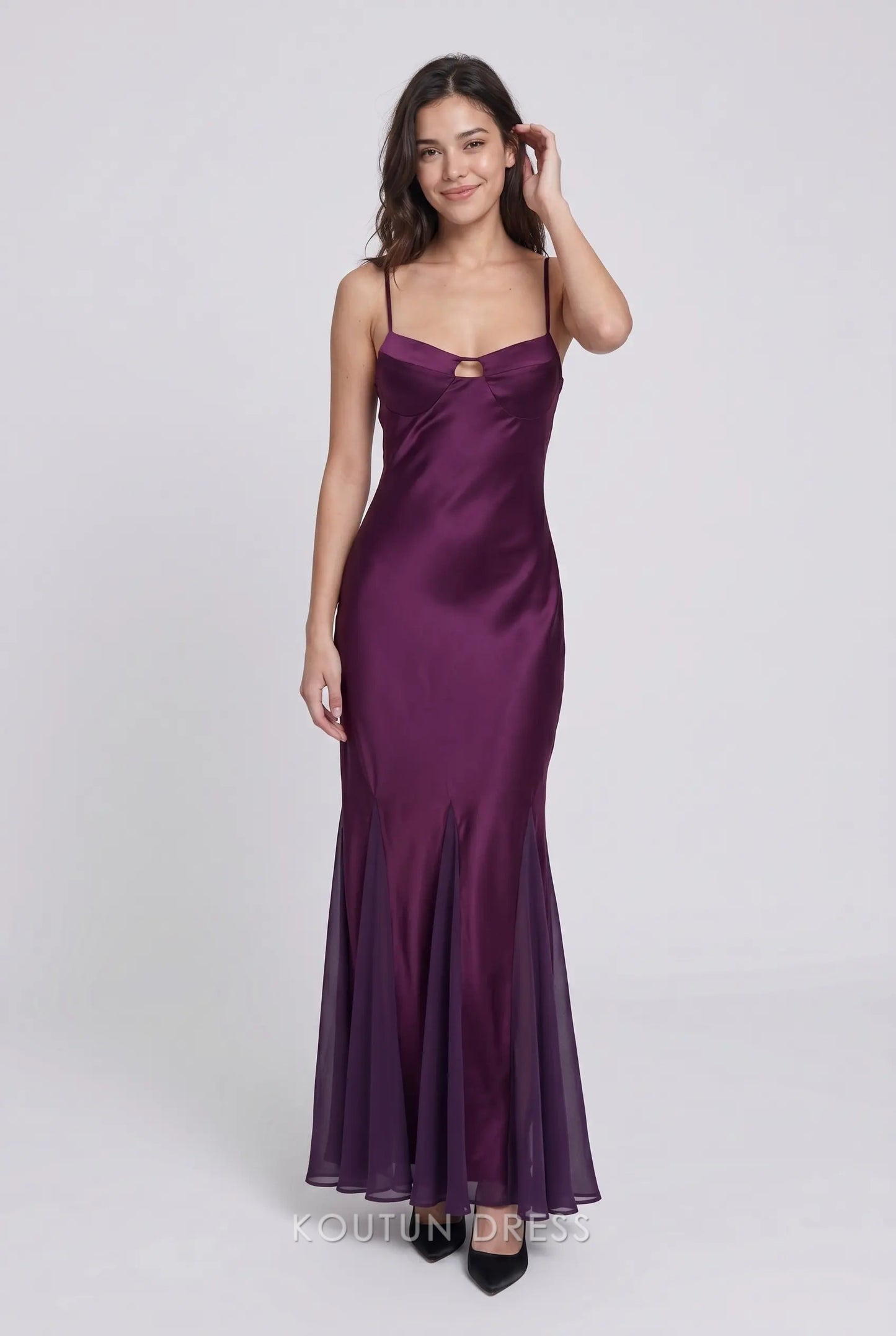 Deep Purple Spaghetti Strap Satin Keyhole Front Open Back Mermaid Formal Evening Prom Dress