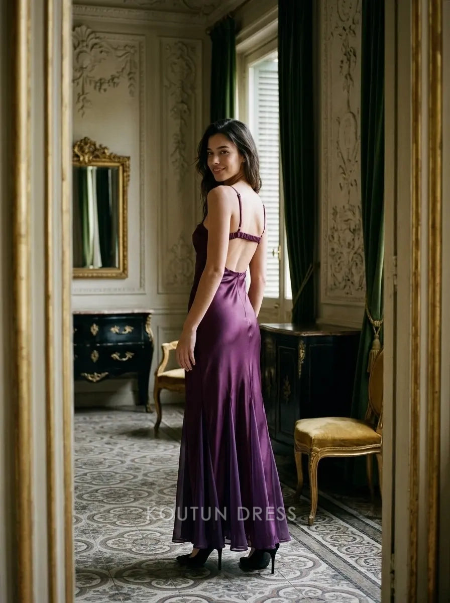 Deep Purple Spaghetti Strap Satin Keyhole Front Open Back Mermaid Formal Evening Prom Dress
