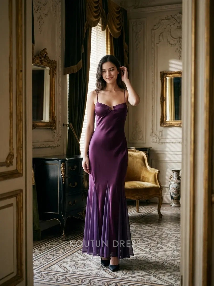 Deep Purple Spaghetti Strap Satin Keyhole Front Open Back Mermaid Formal Evening Prom Dress