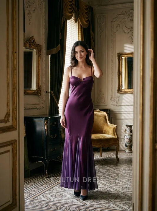 Deep Purple Spaghetti Strap Satin Keyhole Front Open Back Mermaid Formal Evening Prom Dress