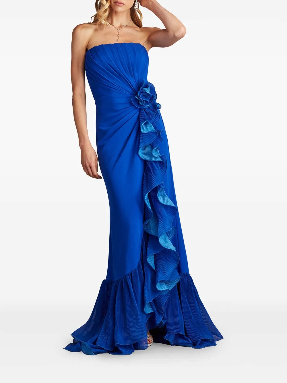 Dramatic Cobalt Blue Strapless Ruffled Prom Dress