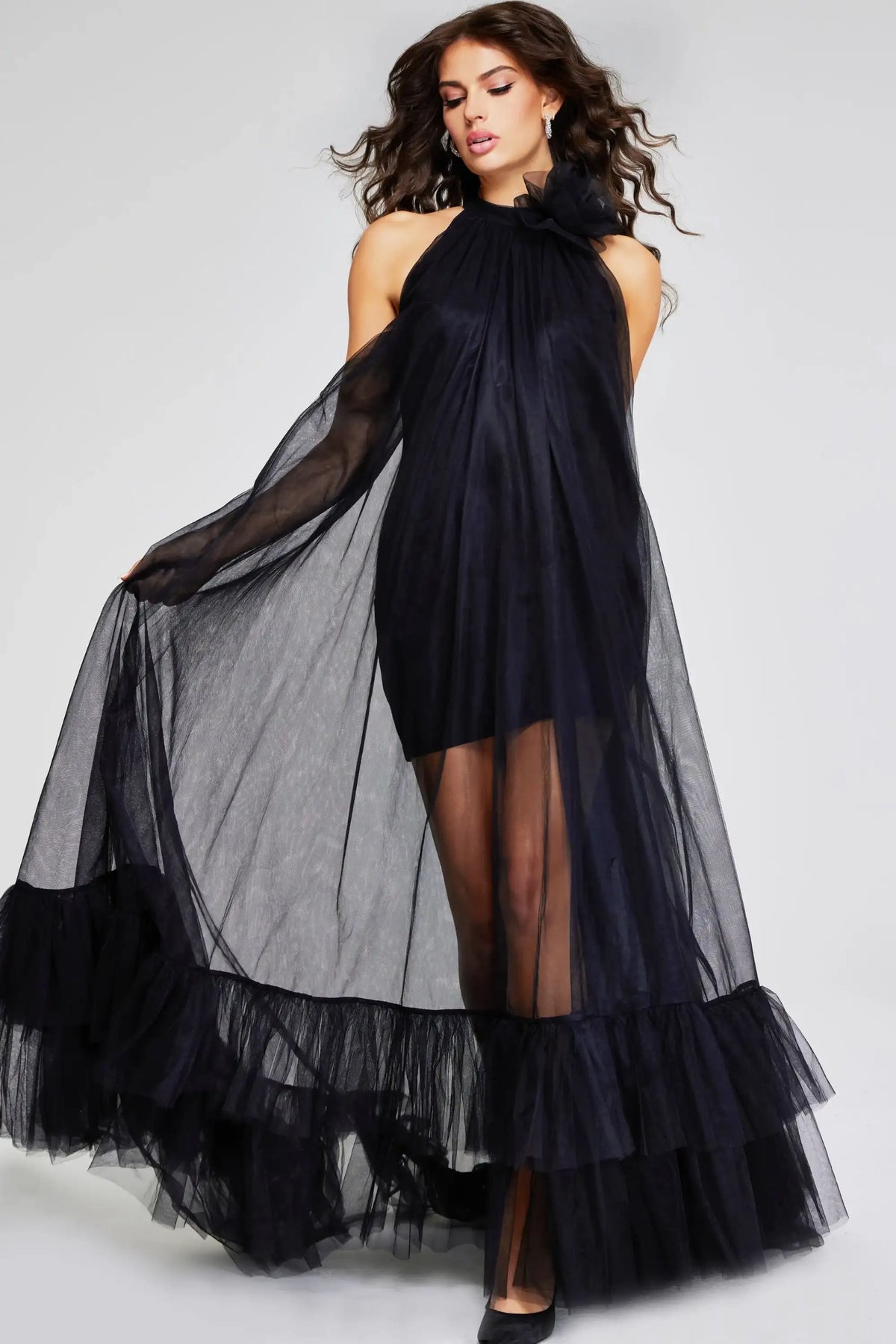 Dramatic A-Line Halter Sleeveless Ruffled Sheer Black Floor-Length Evening Gown