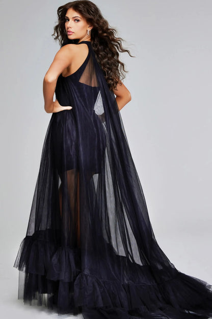 Dramatic A-Line Halter Sleeveless Ruffled Sheer Black Floor-Length Evening Gown