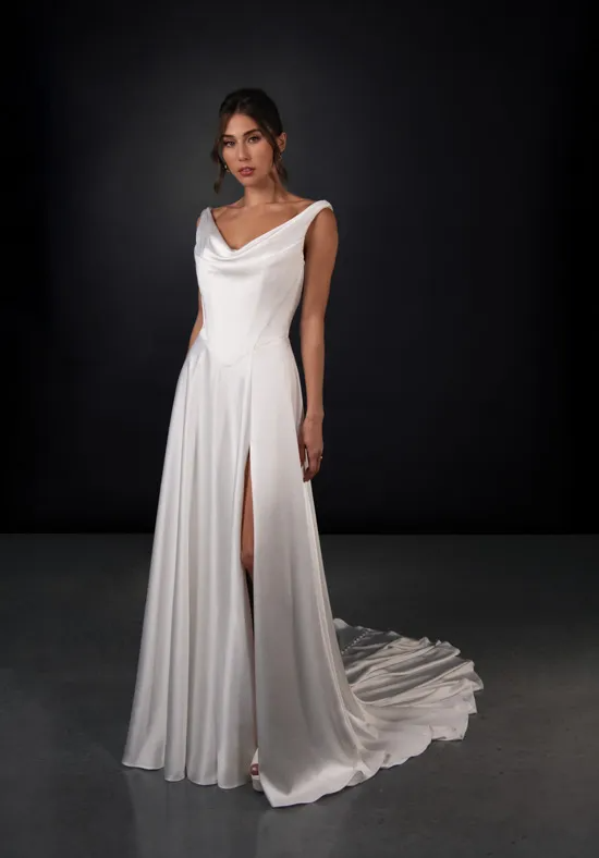 Draped Cowl Neck Satin Wedding Dress Deep V Back High Slit Bridal Gown With Detachable Choker Sash