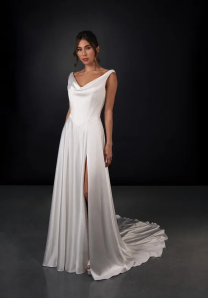 Draped Cowl Neck Satin Wedding Dress Deep V Back High Slit Bridal Gown With Detachable Choker Sash