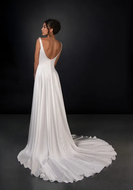 Draped Cowl Neck Satin Wedding Dress Deep V Back High Slit Bridal Gown With Detachable Choker Sash
