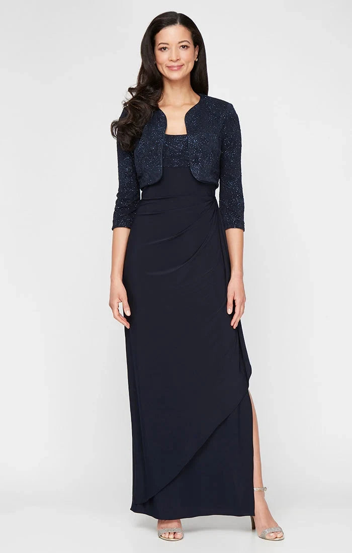 Draped Scoop Neck Sleeveless Shimmering Navy Floor-Length Mother Of The Bride Gown