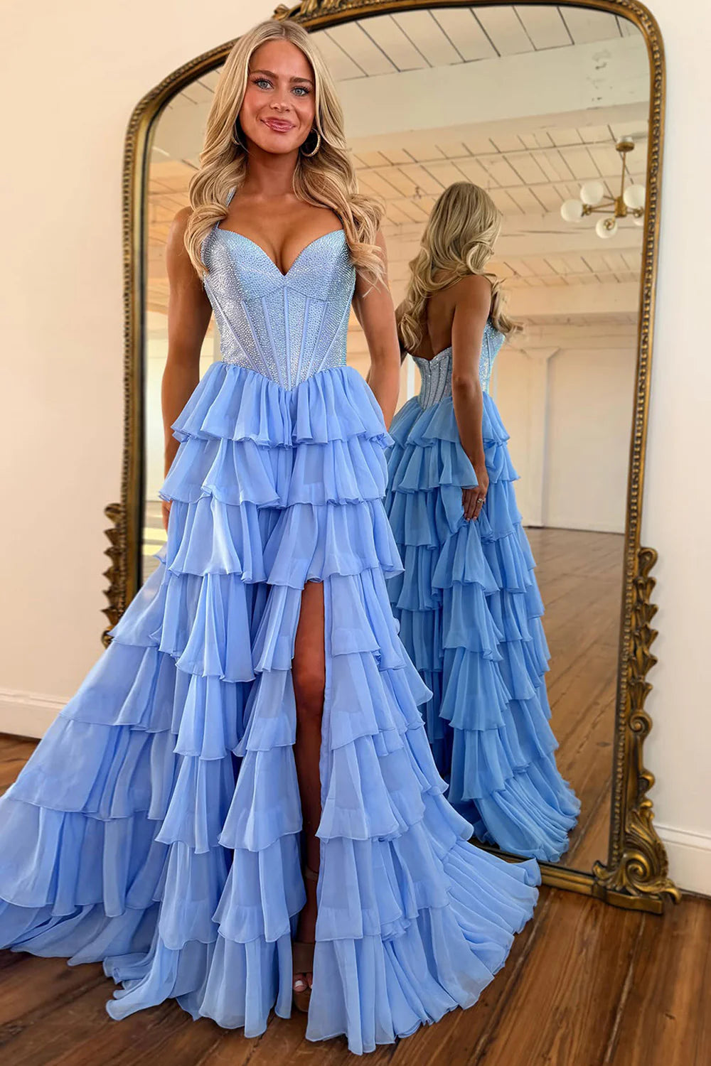 Dreamy Halter Neck Sky Blue Beaded Corset Bodice Tiered Ruffle Chiffon Gown with Side Slit and Sweep Train Prom Dress