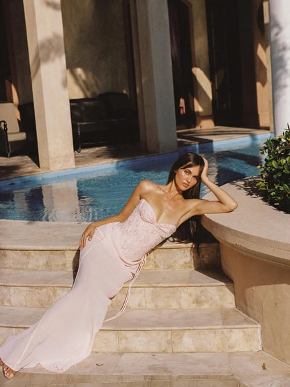 Dreamy Strapless Sweetheart Sequin Embellished Corset Chiffon Maxi Prom Dress with Side Tie Details