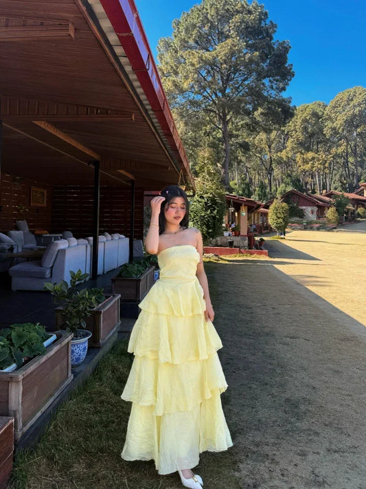Dreamy Strapless Tiered Ruffle Maxi Prom Dress in Daffodil Yellow with Crinkled Texture