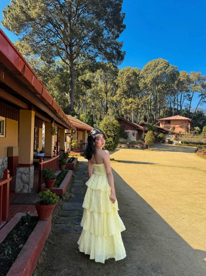 Dreamy Strapless Tiered Ruffle Maxi Prom Dress in Daffodil Yellow with Crinkled Texture