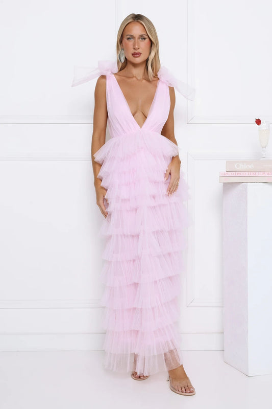 Dreamy A-Line Deep V-Neck Bow Shoulder Tiered Pink Floor-Length Prom Dress