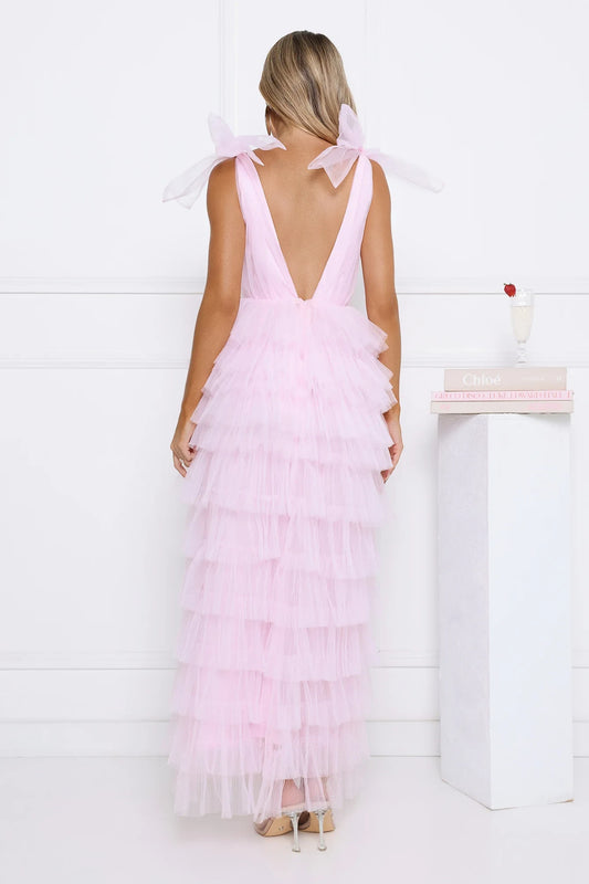 Dreamy A-Line Deep V-Neck Bow Shoulder Tiered Pink Floor-Length Prom Dress