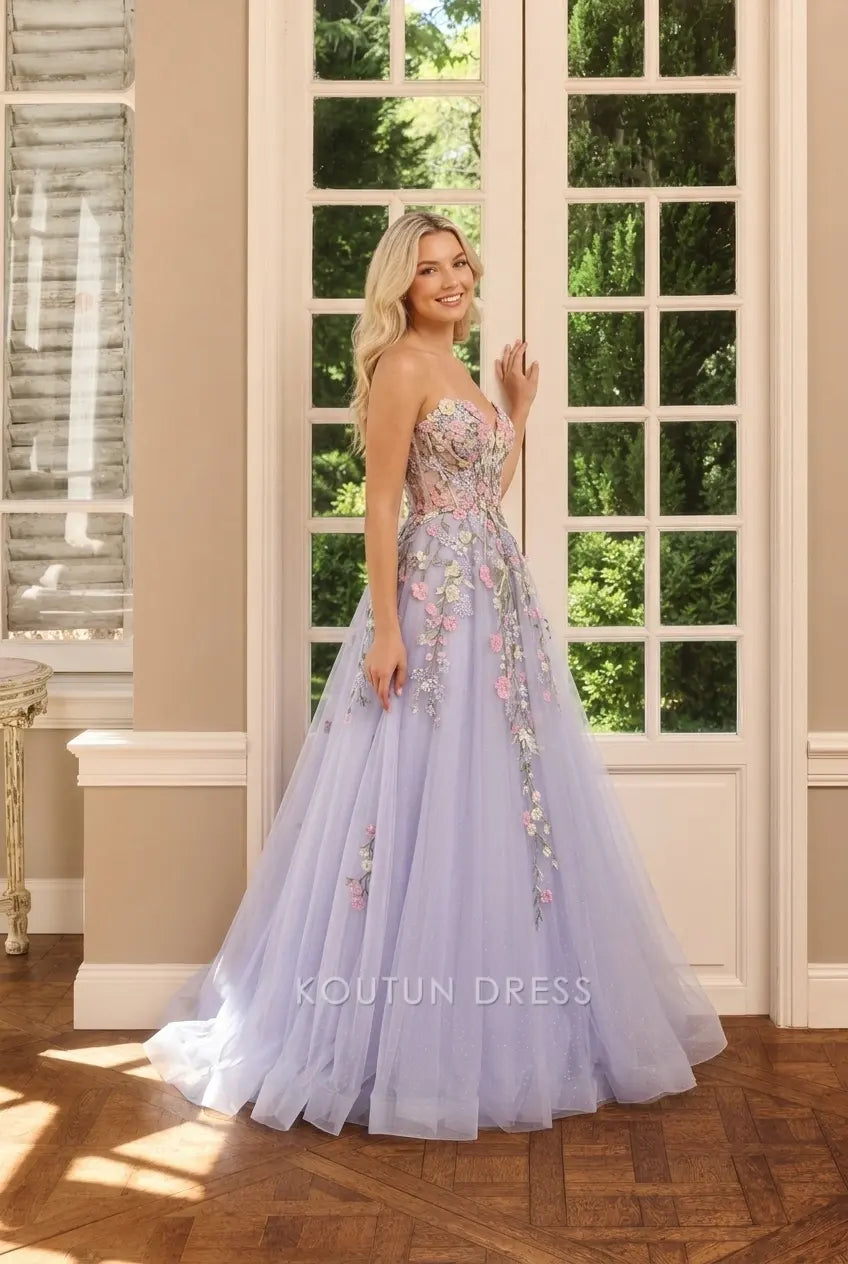 Dreamy A-Line Strapless Sleeveless Floral Lavender Floor-Length Prom Dresses Gown