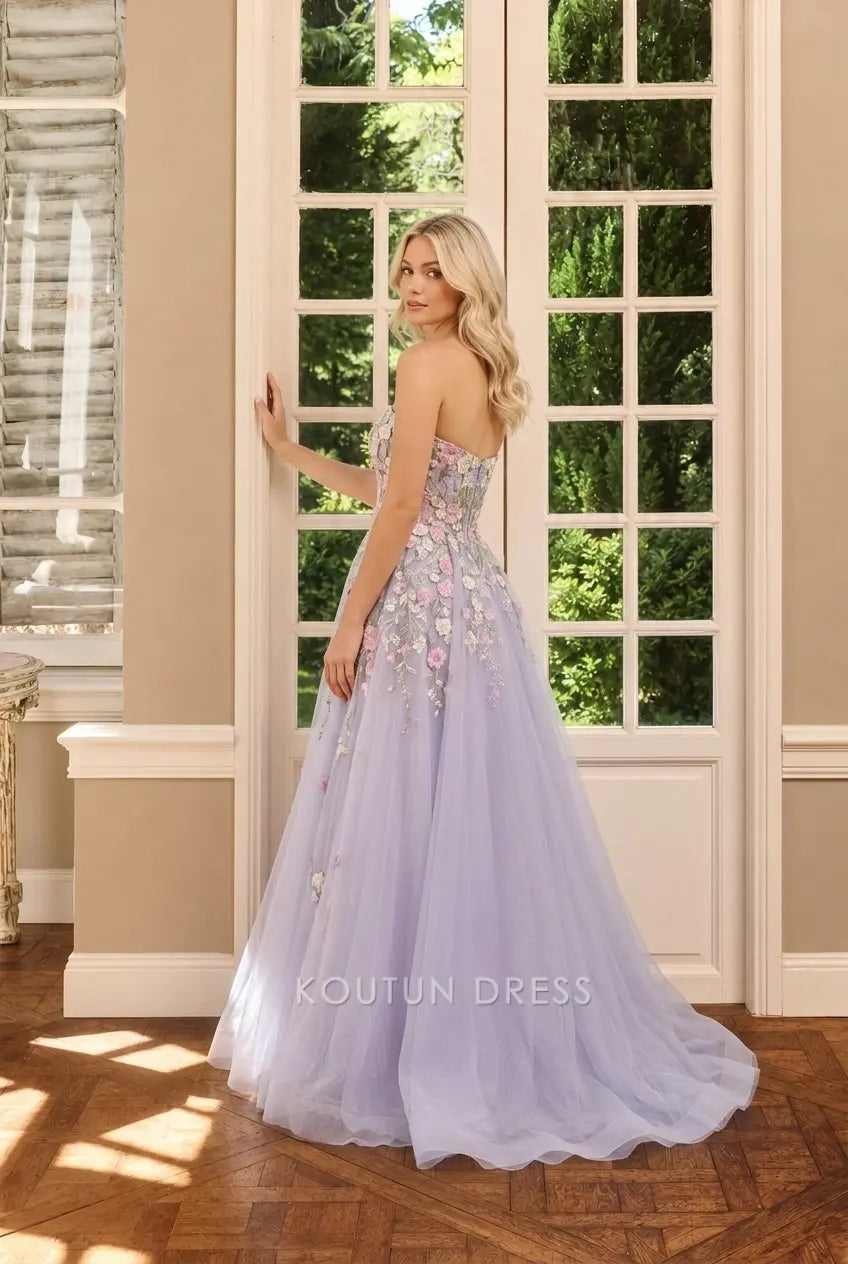 Dreamy A-Line Strapless Sleeveless Floral Lavender Floor-Length Prom Dresses Gown