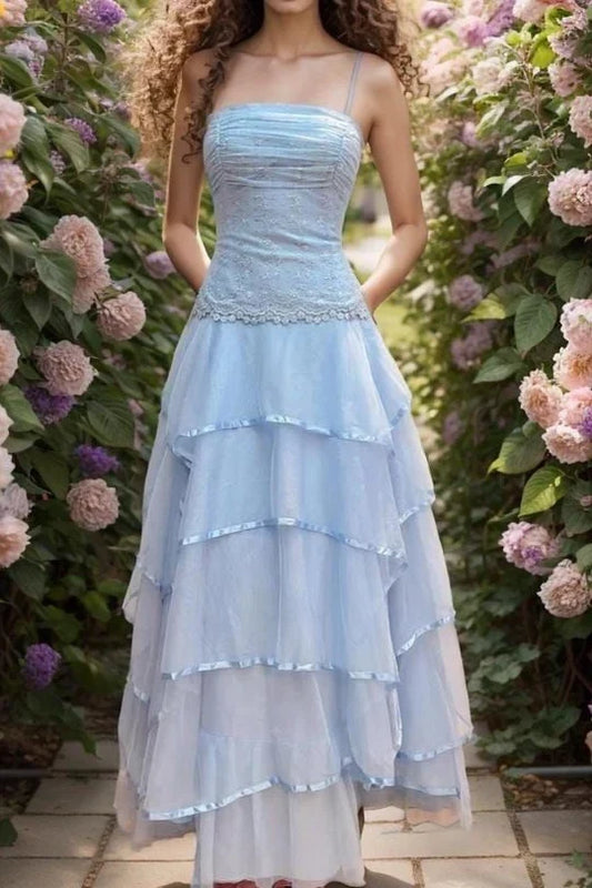 Dreamy A-Line Sweetheart Sleeveless Tiered Lace-Up Light Blue Floor-Length Prom Dress