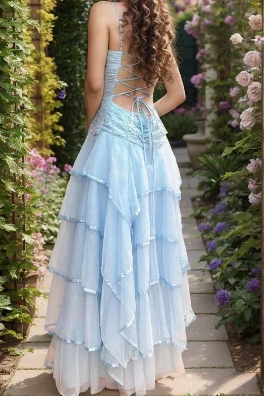 Dreamy A-Line Sweetheart Sleeveless Tiered Lace-Up Light Blue Floor-Length Prom Dress