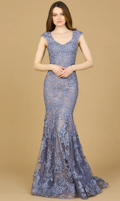 Dusty Blue Floral Lace Maxi Prom Dresses with Sheer Mesh Lining Cap Sleeves and Mermaid Train