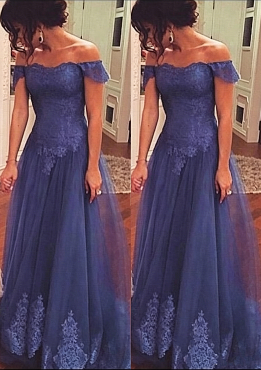 Dusty Blue Off The Shoulder Lace Tulle A Line Long Formal Evening Prom Dress