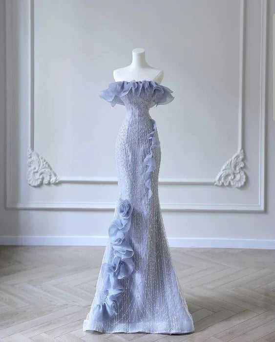 Dusty Blue Off The Shoulder Prom Dress With Beaded Bodice 3D Floral Ruffle And Mermaid Silhouette Formal Prom Dress