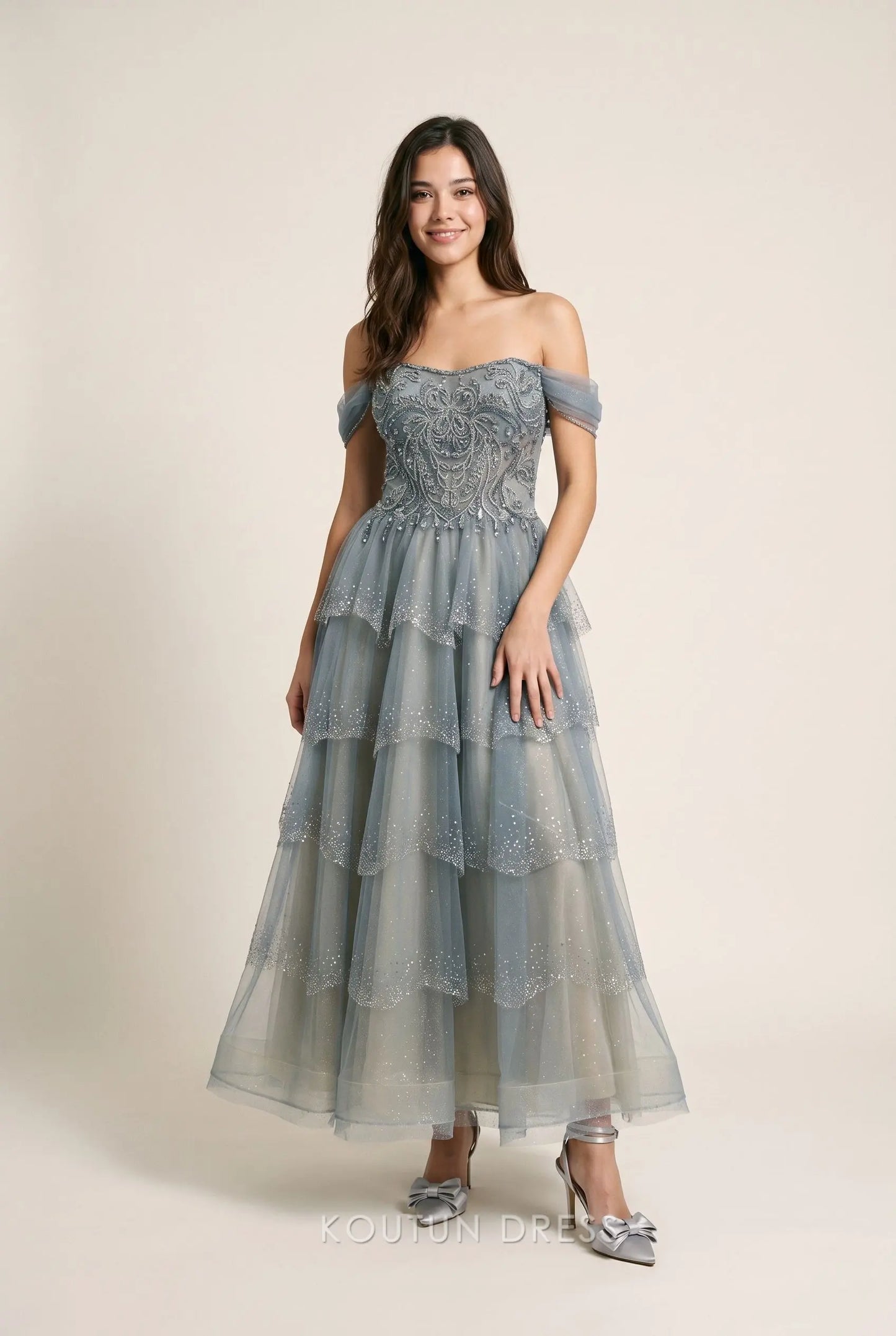 Dusty Blue Off The Shoulder Sweetheart Neck Embellished Beaded Corset Lace Up Back Glitter Tulle Tiered Ruffle Ankle Length A Line Prom Dress