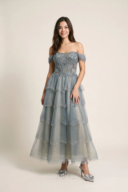 Dusty Blue Off The Shoulder Sweetheart Neck Embellished Beaded Corset Lace Up Back Glitter Tulle Tiered Ruffle Ankle Length A Line Prom Dress