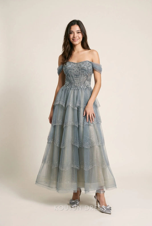 Dusty Blue Off The Shoulder Sweetheart Neck Embellished Beaded Corset Lace Up Back Glitter Tulle Tiered Ruffle Ankle Length A Line Prom Dress