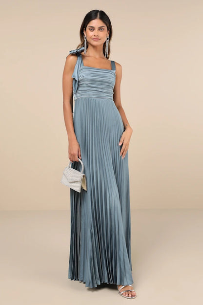 Dusty Blue One Shoulder Prom Dress With Bow Detail Pleated Bodice And Pleated Satin A Line Formal Prom Dress