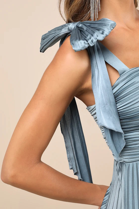 Dusty Blue One Shoulder Prom Dress With Bow Detail Pleated Bodice And Pleated Satin A Line Formal Prom Dress