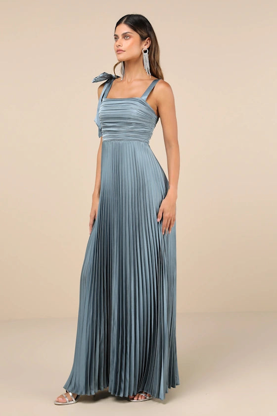 Dusty Blue One Shoulder Prom Dress With Bow Detail Pleated Bodice And Pleated Satin A Line Formal Prom Dress