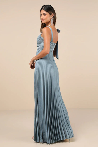 Dusty Blue One Shoulder Prom Dress With Bow Detail Pleated Bodice And Pleated Satin A Line Formal Prom Dress