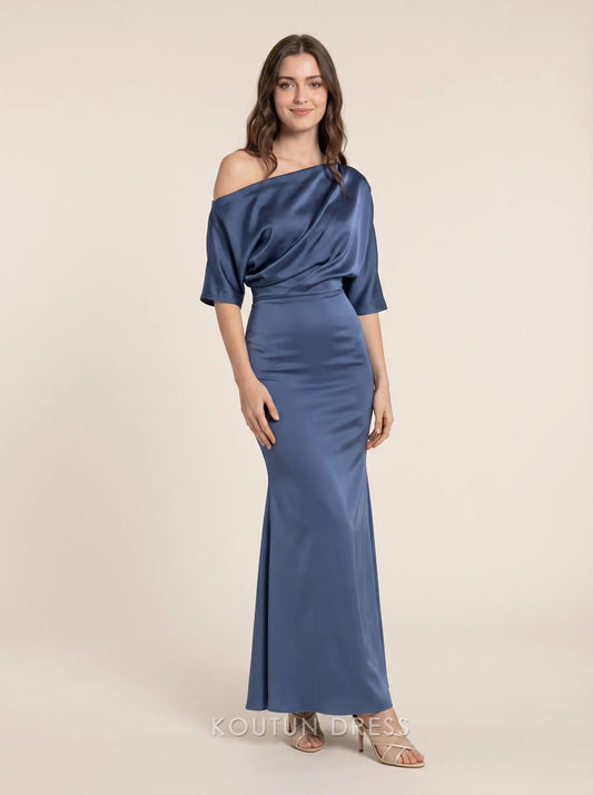 Dusty Blue One Shoulder Short Sleeve Satin Mermaid Floor Length Formal Evening Prom Dress