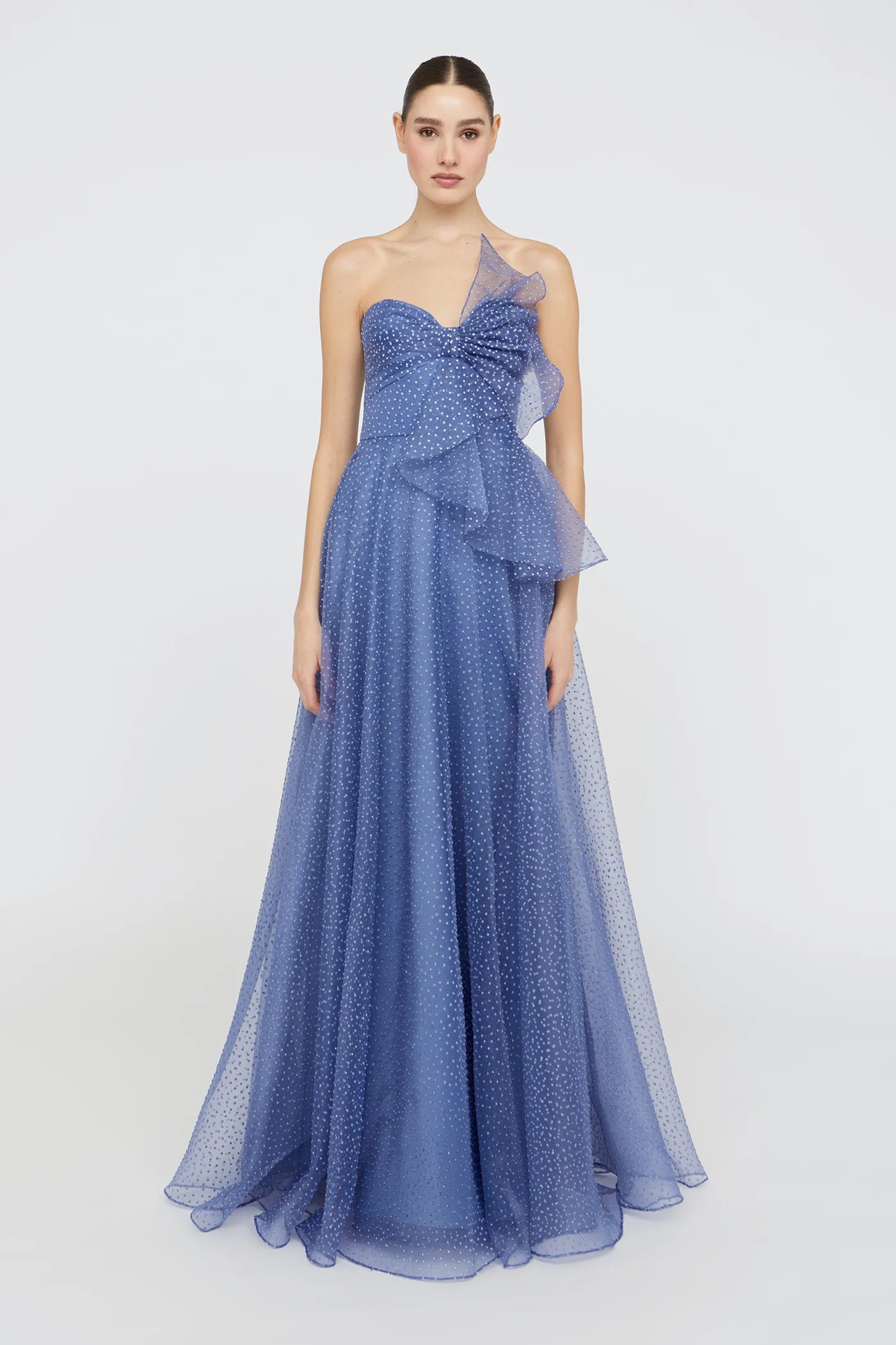 Dusty Blue Organza A Line Strapless Sweetheart Neck Bow Detail Polka Dot Floor Length Formal Evening Prom Dress