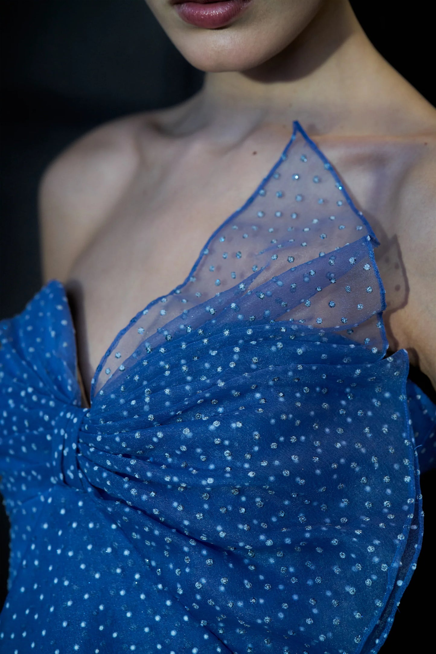 Dusty Blue Organza A Line Strapless Sweetheart Neck Bow Detail Polka Dot Floor Length Formal Evening Prom Dress