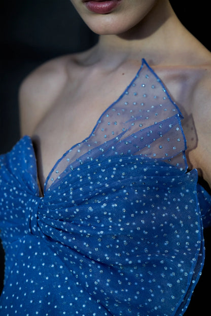 Dusty Blue Organza A Line Strapless Sweetheart Neck Bow Detail Polka Dot Floor Length Formal Evening Prom Dress