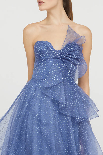 Dusty Blue Organza A Line Strapless Sweetheart Neck Bow Detail Polka Dot Floor Length Formal Evening Prom Dress